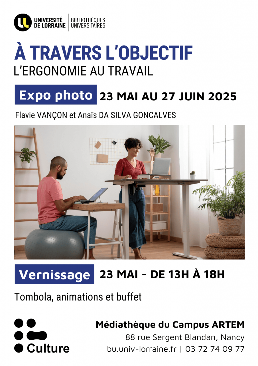 Affiche illustrant homme assis sur ballon et femme debout derriere bureau