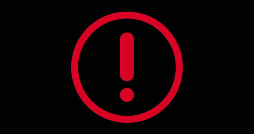 Point d'exclamation rouge dans cercle rouge sur fond noir
