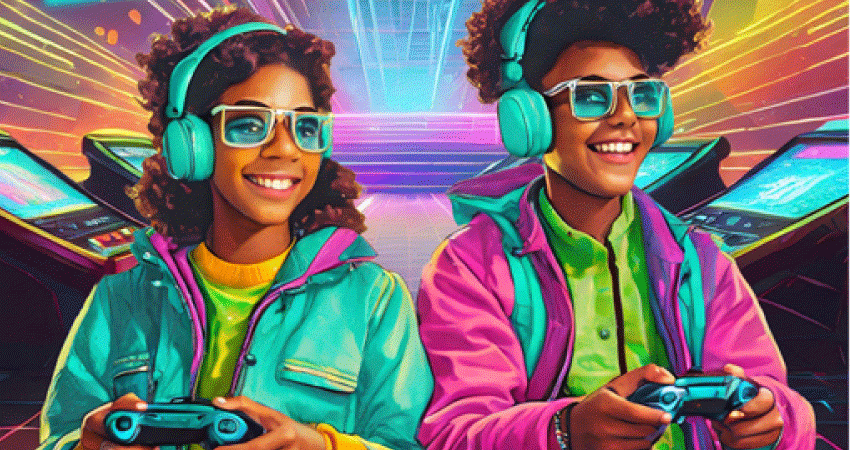 Image deux adolescents lunettes casque avec manette jeux vidéos lumière néon