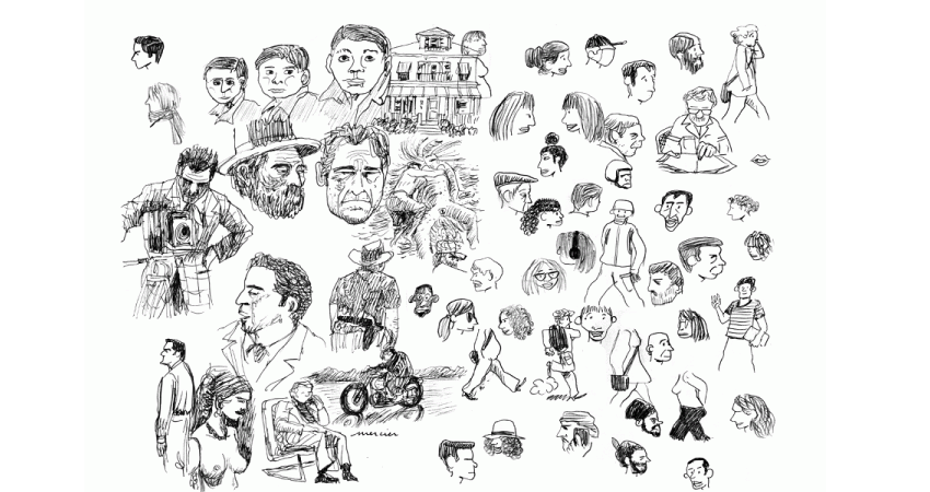 dessins et croquis de visages et de batiments