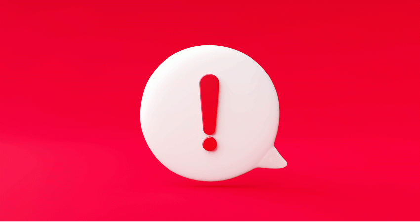 Point d'exclamation rouge dans bulle blanche sur fond rouge