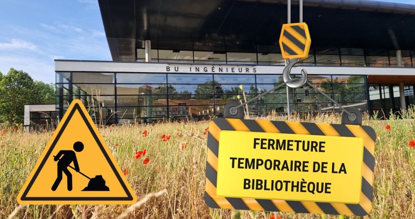 Photo de l'extérieur de la bibliothèque panneau travaux