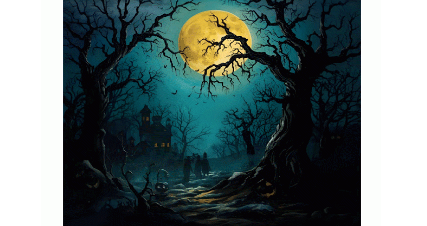 illustration arbre dans la nuit sous lune jaune