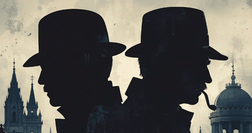 Ombres têtes deux hommes de profil avec chapeaux et pipe