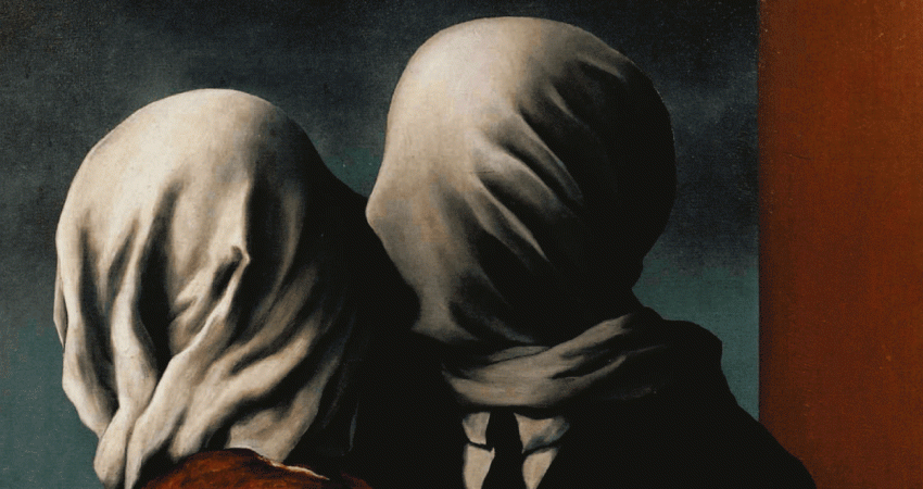 Peinture homme femme s'embrassent tissu recouvrant leur tête