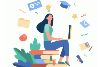 Image vectorielle silhouette femme assise sur livres ordinateurs sur genoux