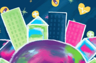 Illustration peinture couleurs maisons autour terre ciel étoilé coeurs