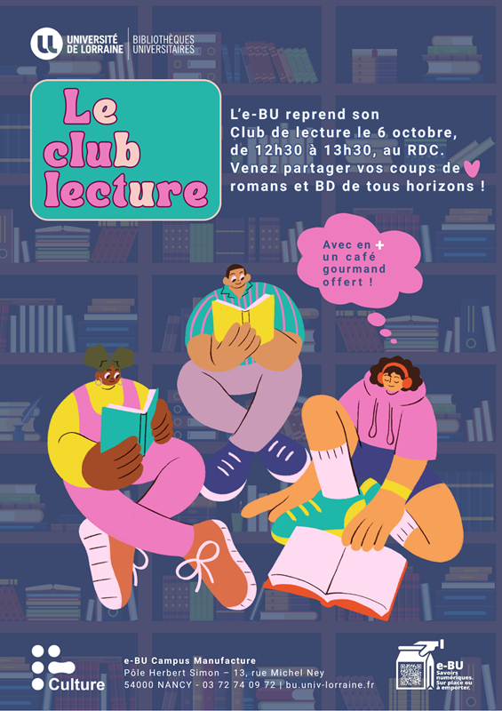 Affiche du club de lecture. Trois personnes lisent, l'une d'elle pense : "Avec en plus un café gourmand offert !"