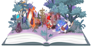 Merlin, le chaperon rouge et le lapin blanc sortent d'un livre ouvert.
