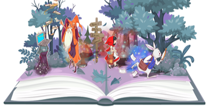 Merlin, le chaperon rouge et le lapin blanc sortent d'un livre ouvert.